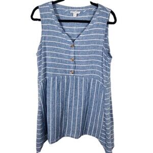 Beach Lunch Lounge Blue White Stripe Linen Blend Beach Coastal Casual Top SZ L